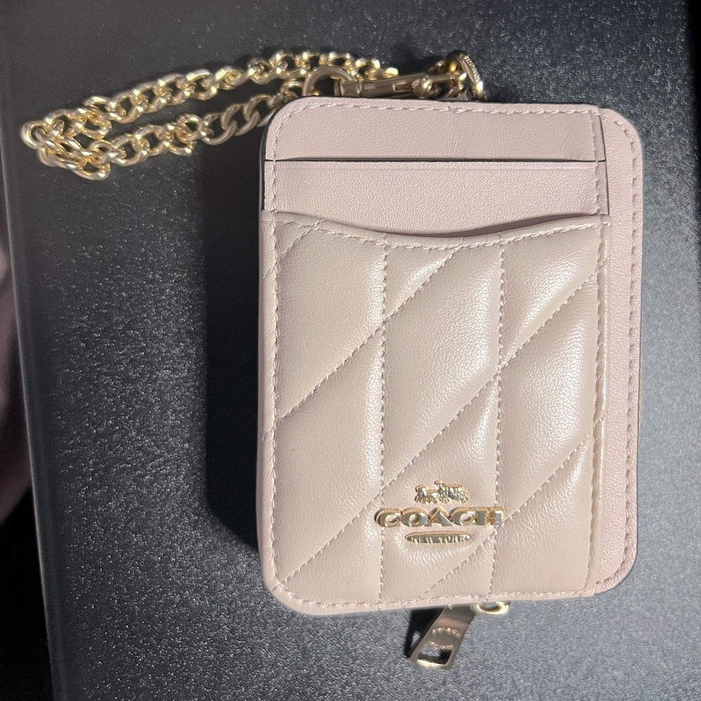 Coach Blush Quilted Zip Card Case with Gold Chain